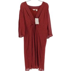 J. Jill Red Printed Twist Front V-Neck Lace Trim Midi Dress XL NEW Cottagecore
